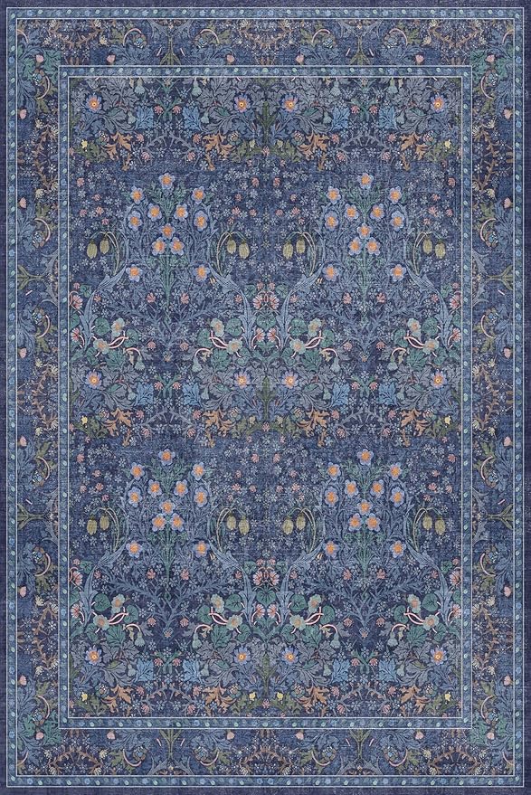 Dining Room Rugs for Under Table - 6x9 Washable Dark Blue Oriental Area Rug for Living Room, Low Pile Non-Slip Floor Carpet for Bedroom - Vintage Navy Design & Stain Resistance