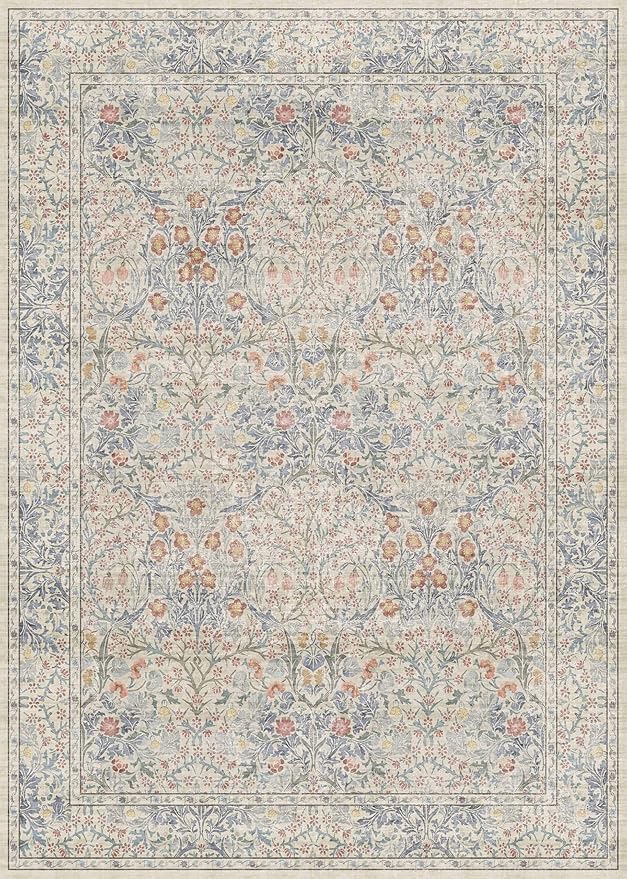 Beige Blue Living Room Rug 5x7, Cottage Area Rug for Bedroom, Vintage Washable Floral Mat for Nursery, Office, Low Pile Non Slip Stain Resistance French Country Style Retro Indoor (5x7 Beige Blue)
