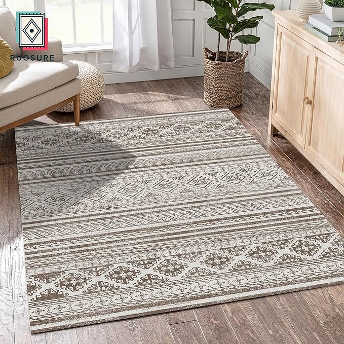 RUGSURE Washable Area Rugs 5' x 7' - 1/6 Thick - Moroccan-Inspired -Stain & Water Resistant Non-Slip - Resistant Rug for Living Room, Bedroom, Nursery, Pet & Child Friendly (Brown)