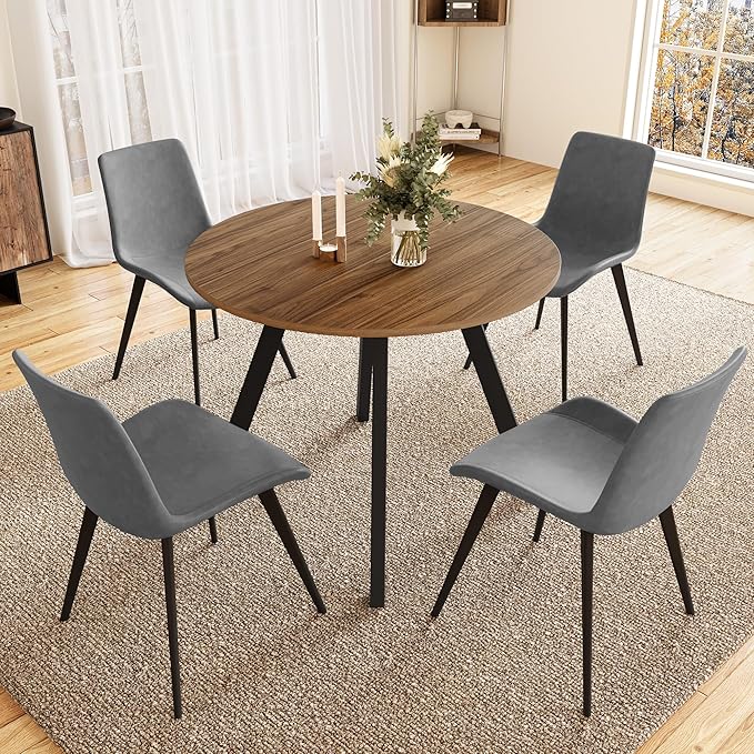 34.6'' Round Dining Table and Chairs for 4 Space Saving for Apartment Kitchen Dining Room (Walnut Table+4 Grey Chairs)