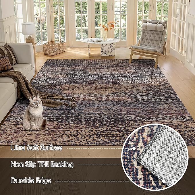 RUGSURE Washable Area Rug - 1/6 Thick - Stain & Water Resistant Non-Slip - Resistant Rug for Living Room, Bedroom, Nursery, Pet & Child Friendly, Vintage Charm Area Rugs (Rust, 6' x 9')