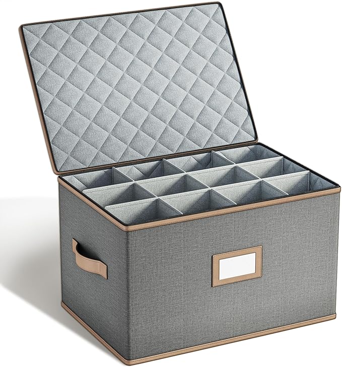 Wine Glass Storage Box with Dividers, Quilted Hard Shell Organizer for Stemware and Glassware Sets, Ideal for Storage and Moving Supplies, 1-Pack, Grey