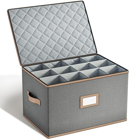 Wine Glass Storage Box with Dividers, Quilted Hard Shell Organizer for Stemware and Glassware Sets, Ideal for Storage and Moving Supplies, 1-Pack, Grey