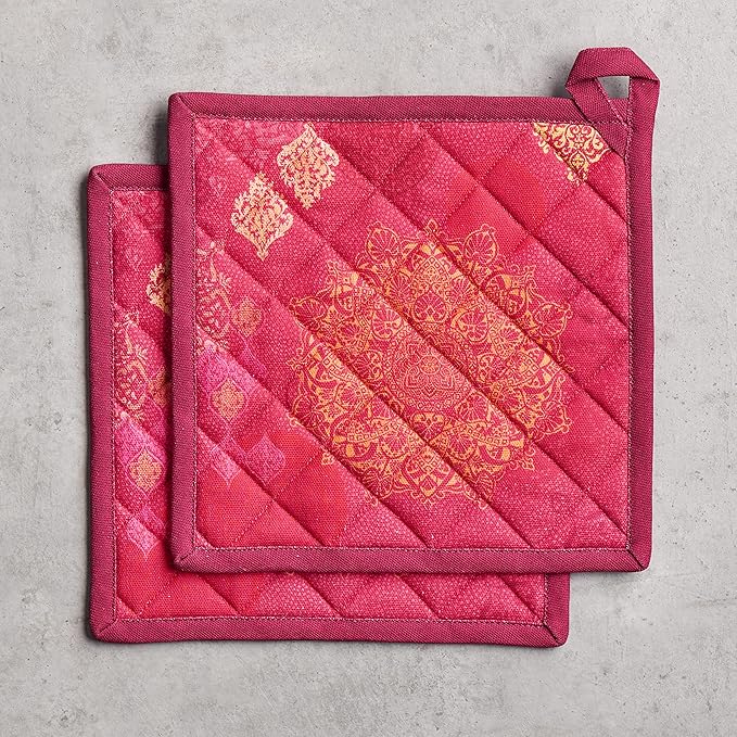 Maison d' Hermine Pot Holders Set 100% Cotton Heat Resistant Potholders 8" x 8" Hot Pads with Loop for Thanksgiving Christmas Decorations BBQ Cooking Baking Handling Hot Pans (Pack of 2, Versailles)