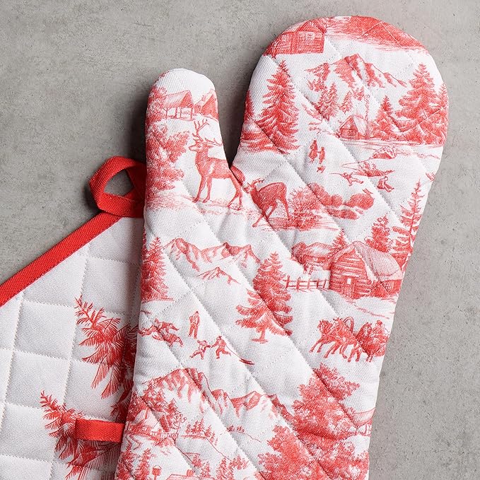 Maison d' Hermine 100% Cotton Oven Mitt & Pot Holder Set (7.5"x13" & 8"x8") Heat Resistant BBQ Cooking Gloves with Loop for Thanksgiving Christmas Decorations Handling Hot Pans (Winter Jouy)