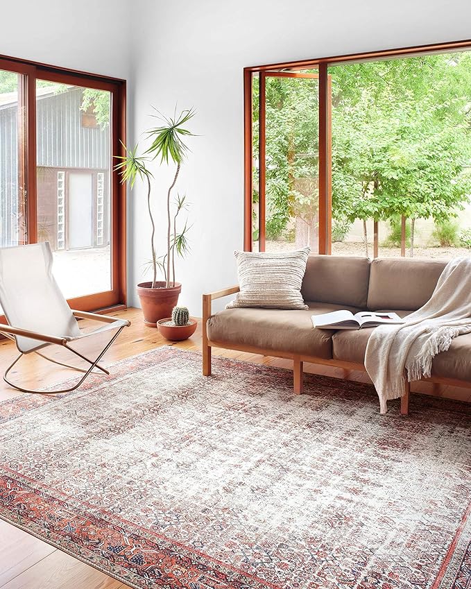 Loloi Layla Collection LAY-12 Ivory/Brick 5'-0" x 7'-6" .13" Thick Area Rug, Soft, Durable, Vintage Inspired, Distressed, Low Pile, Non-Shedding, Easy Clean, Printed, Living Room Rug