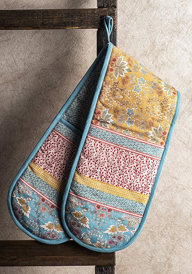Maison d' Hermine Double Oven Mitts 100% Cotton 7"x35" Double Oven Mitt Heat Resistant BBQ Cooking Gloves with Loop, Baking, Grilling, Home, Kitchen, Handling Hot Pans Spring Summer (Marquise)