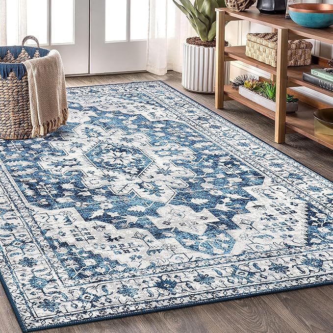 Moynesa Ultra-Thin Vintage 8x10 Area Rugs - Blue Bedroom Rugs for Living Room Non-Slip Stain Resistant, Printed Oriental Playroom Mat Indoor Floor Carpet for Dining Table Office Decor