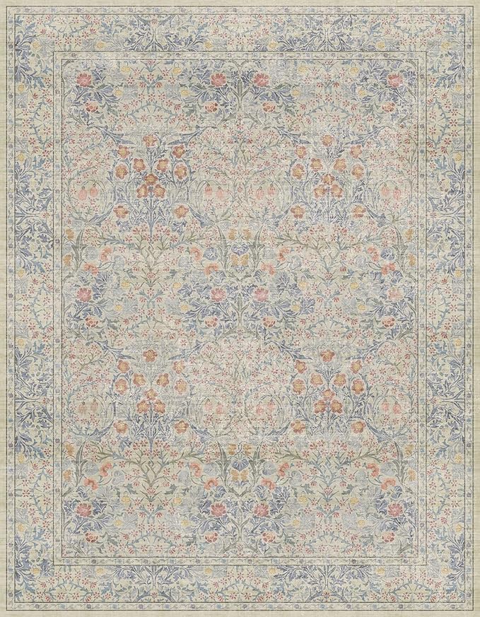 Washable Dining Room Rugs, 7x9 Area Rug for Living Room, Bedroom, Kids Playroom, Low Pile Non-Slip Lightweight & Stain Resistance - Light Beige Blue Oriental Vintage Design