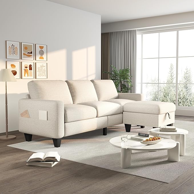 ZeeFu Couch for Living Room - 78'' Beige Linen 3 Seat L-Shaped Sectional Sofa Couches with Storage Ottoman - Modern Small Space Upholstered Furniture Sofa Set for Office Small Space Apartment Bedroom