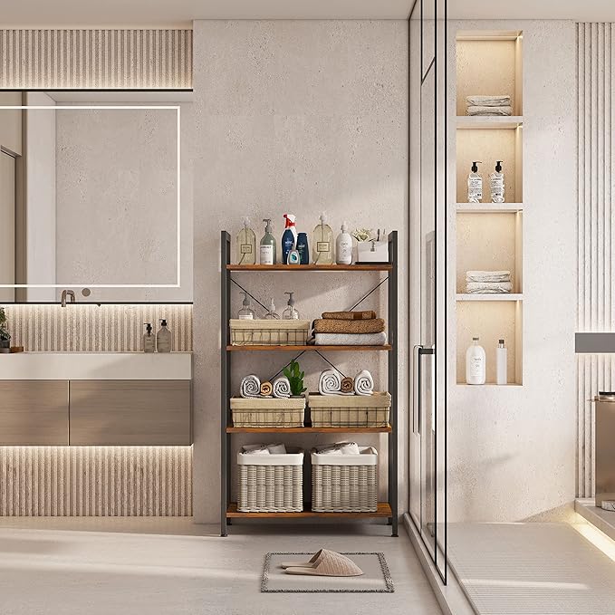 4-Tier Bookshelf, 47.2'' H Ladder Shelf, Industrial Bookcase, Wooden and Metal Storage Rack, Shelving Unit for Living Room Entryway Office, Rustic Brown Book Shelves, 24 * 11.8 * 47.2 inches