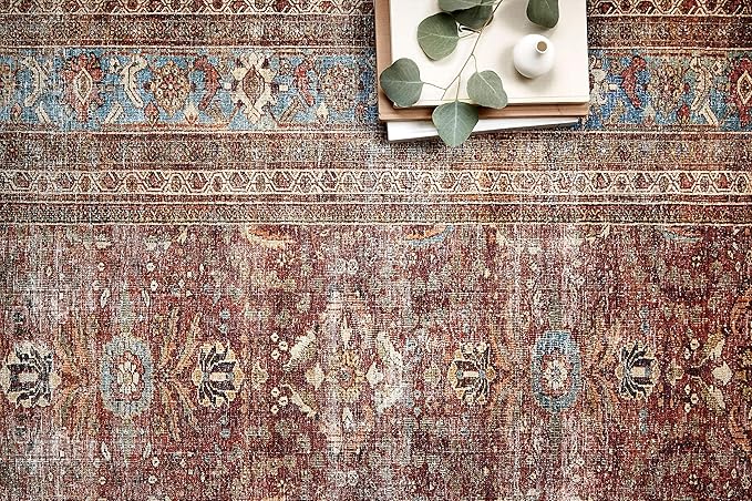 Loloi Layla Collection LAY-01 Brick/Blue 7'-6" x 9'-6" .13" Thick Area Rug, Soft, Durable, Vintage Inspired, Distressed, Low Pile, Non-Shedding, Easy Clean, Printed, Living Room Rug