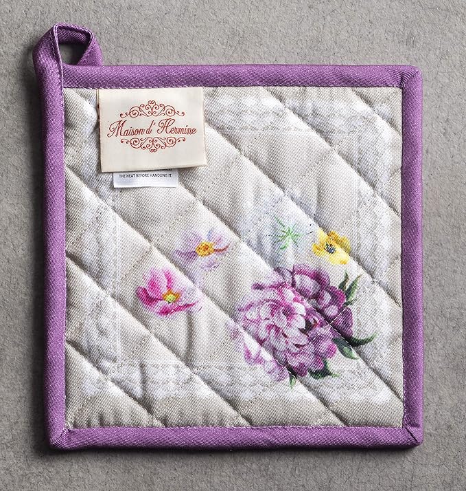 Maison d' Hermine Pot Holders Set 100% Cotton Heat Resistant Potholders 8" x 8" Hot Pads with Loop BBQ, Cooking, Baking, Grilling, Kitchen, Handling Hot Pans Spring/Summer (Pack of 2, Pivoine)