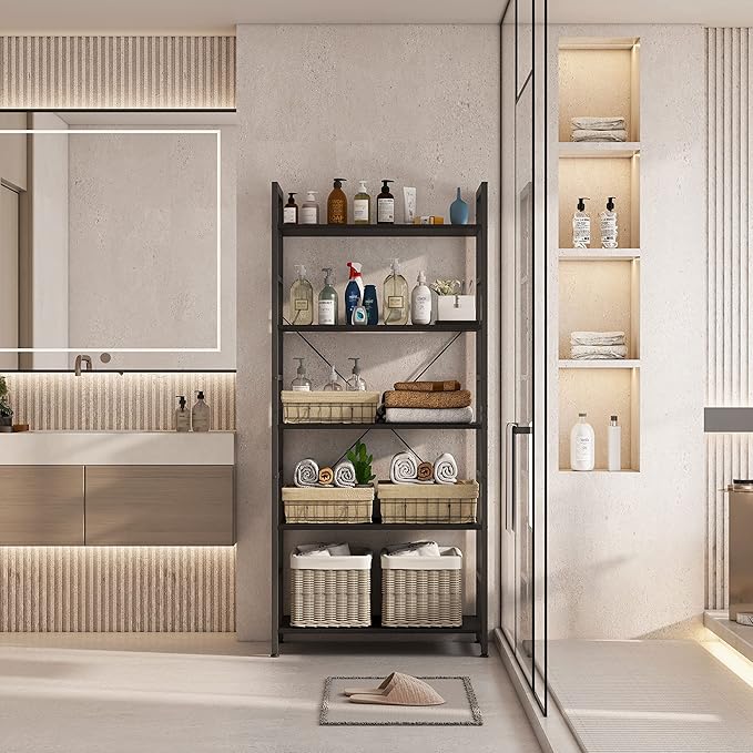 24" Bookshelf, 5-Tier Ladder Shelf, Industrial Bookcase, Wooden and Metal Storage Rack, Shelving Unit for Living Room Entryway Office, Black Book Shelves