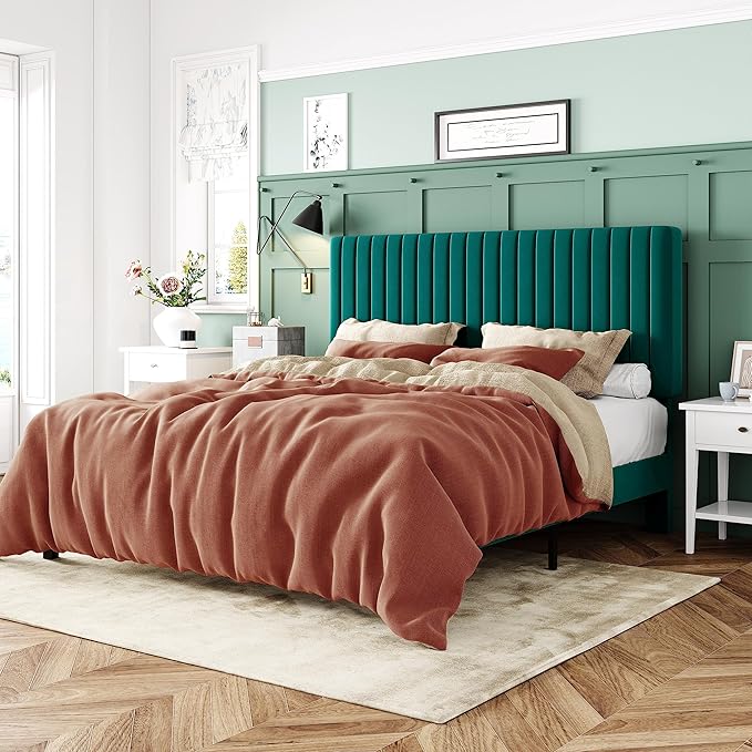 Allewie Full Bed Frame, Velvet Upholstered Platform Bed with Adjustable Vertical Channel Tufted Headboard, Mattress Foundation with Strong Wooden Slats, Box Spring Optional, Easy Assembly, Teal
