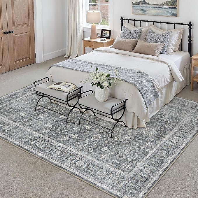 Blue 5x7 Area Rug Non Slip Vintage Living Room Distressed Machine Washable Carpet Retro Indoor Bedroom Floral Traditional Accent Throw Rug for Office Kitchen Dorm Dining Room