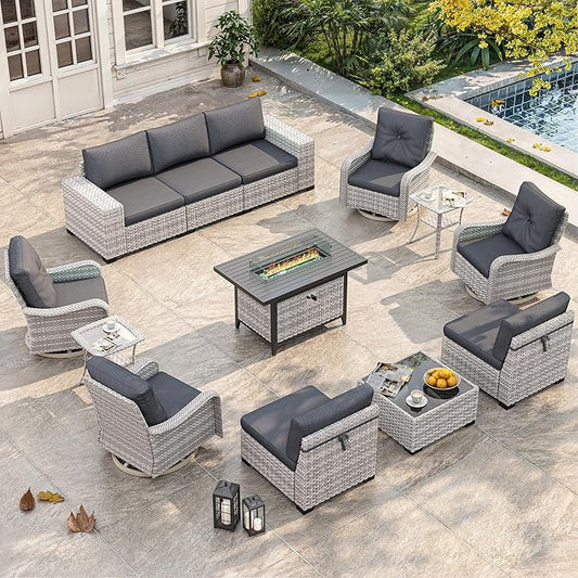 13 Piece Outdoor Wicker Rattan Sectional Sofa Set with Swivel Chairs & Fire Pit Table, 9-Seats with 4" Thickened Cushions & Coffee Table, All-Weather PE Rattan for Garden, Backyard, Porch, Black