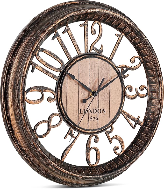 Bernhard Products Large Wall Clock 16 Inch Non Ticking Battery Operated Brown Rustic Farmhouse Vintage Design Stylish Decorative Clocks for Home/Office/Kitchen/Living Room/Bedroom