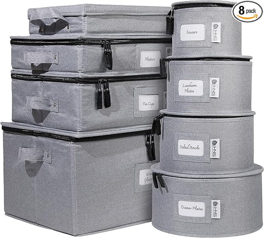 Hard Shell China Storage Containers 8-Piece Set Moving Boxes for Dinnerware, Glasses, Plates, Mugs and Saucers Sturdy Dish Organizer with Dividers for Seasonal Storage - Service for 12 - Gray