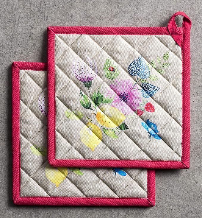 Maison d' Hermine Pot Holders Set 100% Cotton Heat Resistant Potholders 8" x 8" Hot Pads with Loop BBQ, Cooking, Grilling, Kitchen, Handling Hot Pans Spring/Summer (Pack of 2, Jardin D'Ete - Fog)