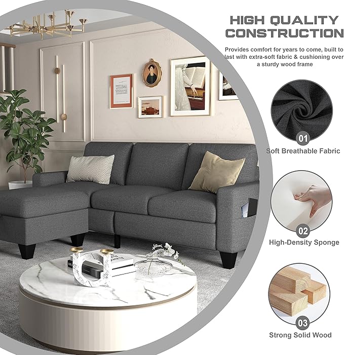 ZeeFu Couch for Living Room - 78'' Beige Linen 3 Seat L-Shaped Sectional Sofa Couches with Storage Ottoman - Modern Small Space Upholstered Furniture Sofa Set for Office Small Space Apartment Bedroom