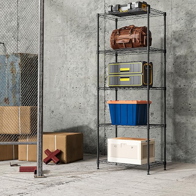 IZEUK 5-Tier Black Metal Storage Shelves, Adjustable Wire Shelving Unit for Kitchen, Bathroom, Pantry, Office, Garage, Organizer Wire Rack, 1250 lbs, 13.7" D x 23.6" W x 53.4" H
