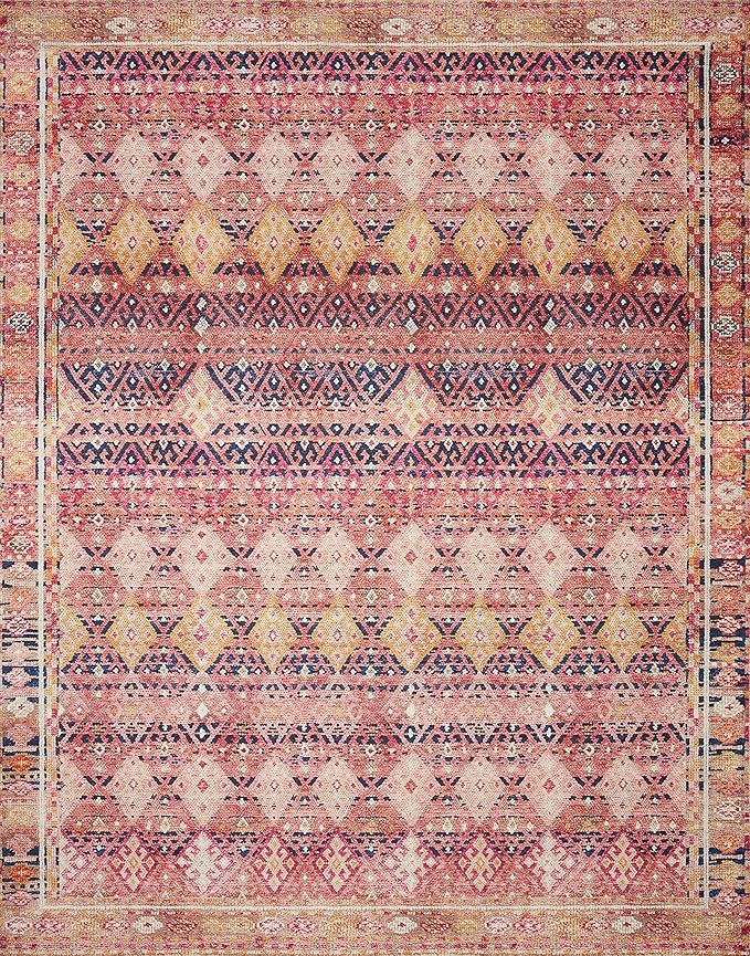 Loloi Layla Collection LAY-15 Magenta/Multi 2'-6" x 9'-6" .13" Thick Runner Rug, Soft, Durable, Vintage Inspired, Distressed, Low Pile, Non-Shedding, Easy Clean, Printed, Living Room Rug