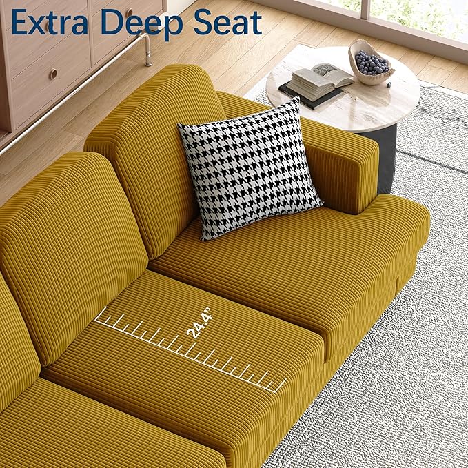 WiberWi 87 inch Couches for Living Room, Comfy 3 Seater Sofa with Deep Seat, Modern Corduroy Couch with Wide Armrests, Upholstered Backrests with Removable Cover, Mustard