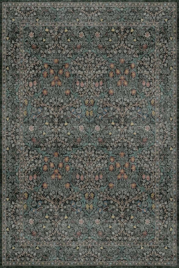 Dining Room Rugs for Under Table - 6x9 Washable Dark Green Oriental Area Rug for Living Room, Low Pile Non-Slip Floor Carpet for Bedroom - Vintage Design & Stain Resistance (6x9 Dark Green)