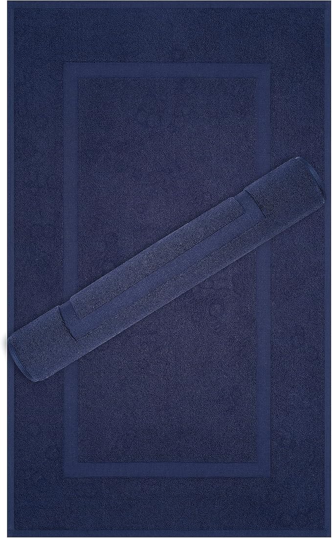 Cotton Paradise 100% Cotton Bath Mats for Bathroom Floor Set of 2 Pack, 20x34 Soft Absorbent Washable Quick Dry Tub Bathmat, Navy Blue Towel Bath Mat