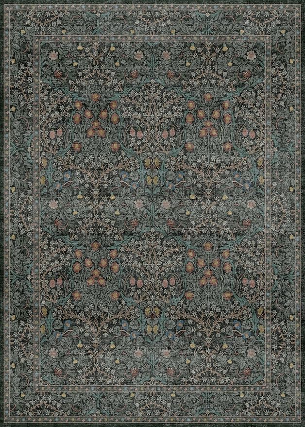 Vintage Washable Dark Green 10x14 Rug for Living Room - Extra Large Area Rug for Dining Room Under Table, Soft Low Pile Carpet for Bedroom - Vintage Floral Design Non-Slip (10x14 Dark Green)