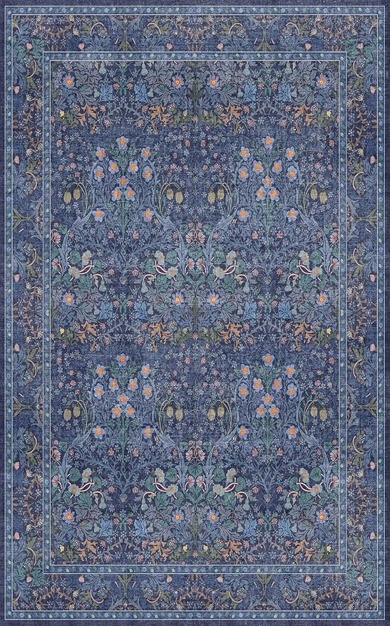 Vintage Dark Blue Living Room Rug 5x8 Area Rug - Vintage Floral Forest Washable Mat for Dining Room, Bedroom, Low Pile Non Slip Stain Resistance Distressed Retro Indoor Boho Floral Carpet