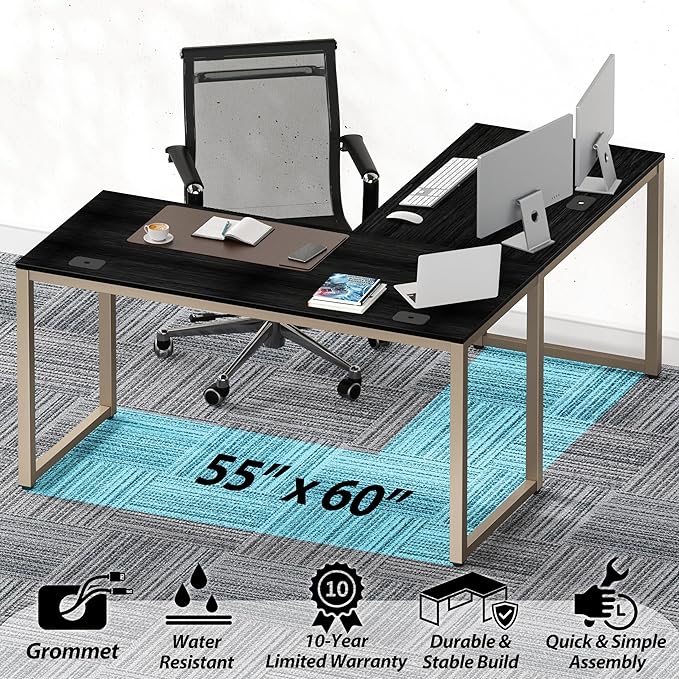 SHW 55 x 60 Inches Commercial-Grade L-Shape Corner Office Computer Desk, Espresso