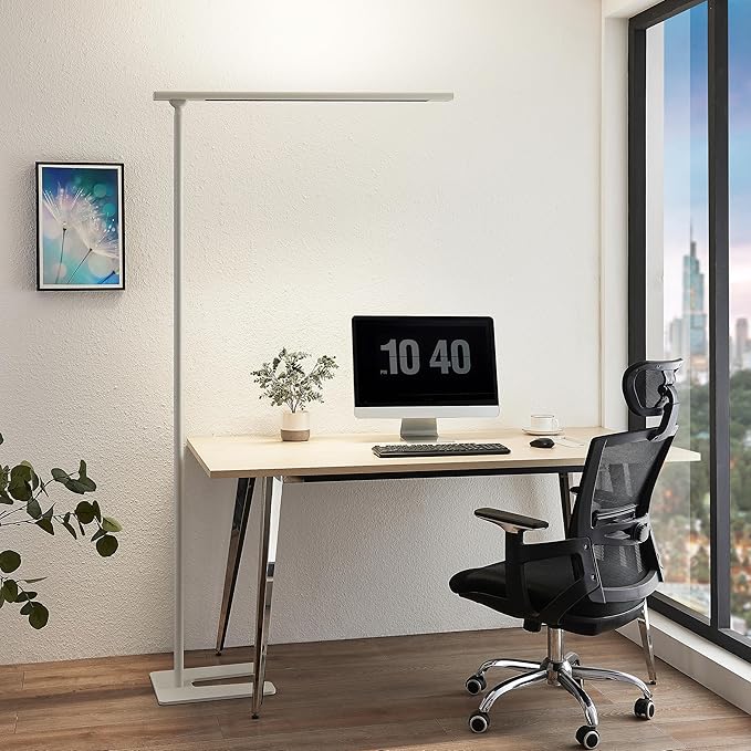 100W LED Floor Lamp for Office, 76.6'' Dimmable 4000K 10400LM Natural Full Spectrum Daylight Eye-Caring Standing Lamp with Rotatable Lamp Head for Office Meeting Room Studying Room Workshop