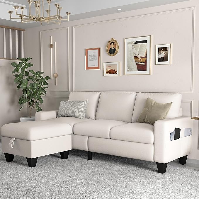 ZeeFu Couch for Living Room - 78'' Beige Linen 3 Seat L-Shaped Sectional Sofa Couches with Storage Ottoman - Modern Small Space Upholstered Furniture Sofa Set for Office Small Space Apartment Bedroom