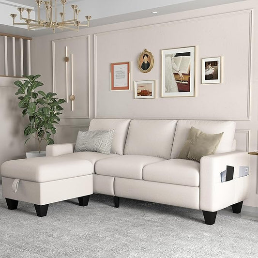 ZeeFu Couch for Living Room - 78'' Beige Linen 3 Seat L-Shaped Sectional Sofa Couches with Storage Ottoman - Modern Small Space Upholstered Furniture Sofa Set for Office Small Space Apartment Bedroom