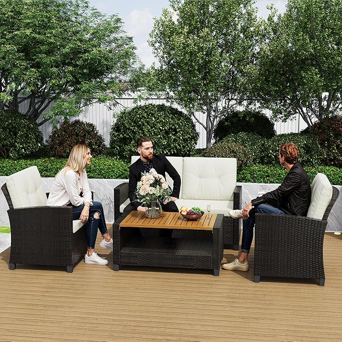 Wisteria Lane 4 Piece Patio Furniture Set, Wicker Outdoor Patio Conversation Furniture Set, All Weather Outdoor Patio Sofa with Cushion and Glass Table, Beige