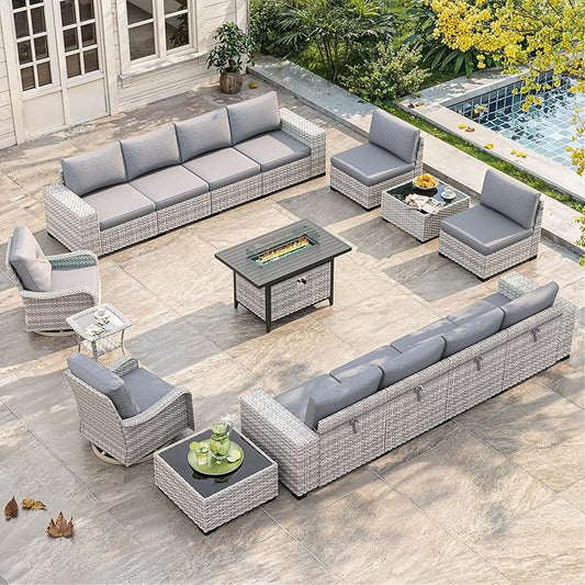 16 Piece Outdoor Wicker Rattan Sectional Sofa Set with Swivel Chairs & Fire Pit Table, 12-Seats with 4" Thickened Cushions & Coffee Table, All-Weather PE Rattan for Garden, Backyard, Porch, Grey