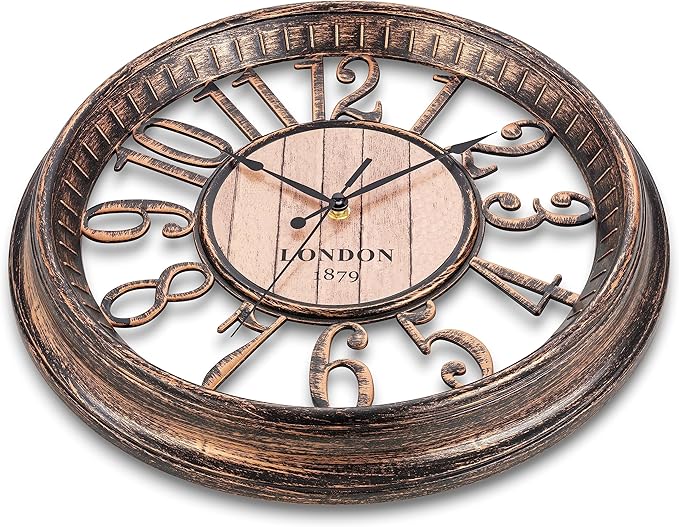 Bernhard Products Large Wall Clock 16 Inch Non Ticking Battery Operated Brown Rustic Farmhouse Vintage Design Stylish Decorative Clocks for Home/Office/Kitchen/Living Room/Bedroom