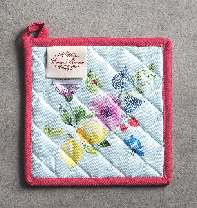 Maison d' Hermine Pot Holders Set 100% Cotton Heat Resistant Potholders 8" x 8" Hot Pads with Loop BBQ, Cooking, Grilling, Kitchen, Handling Hot Pans Spring/Summer (Pack of 2, Jardin D'Ete - Mint)