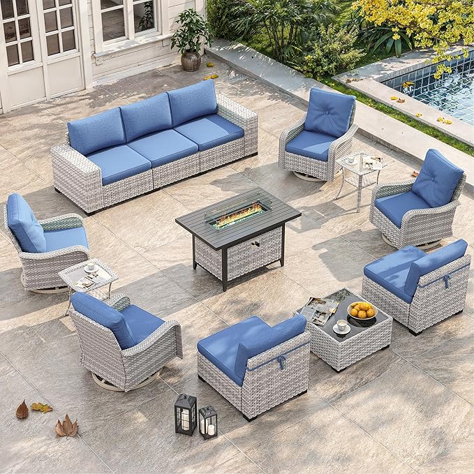 13 Piece Outdoor Wicker Rattan Sectional Sofa Set with Swivel Chairs & Fire Pit Table, 9-Seats with 4" Thickened Cushions & Coffee Table, All-Weather PE Rattan for Garden, Backyard, Porch, Blue