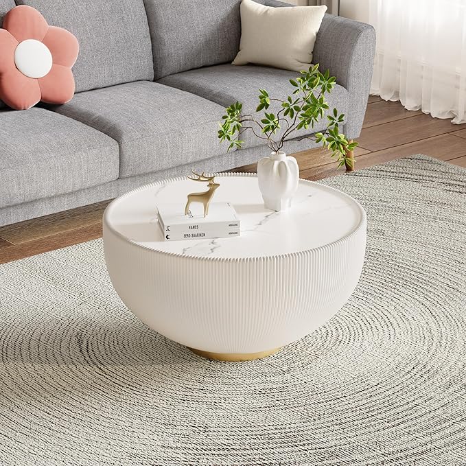 White Round Coffee Table with Sintered Stone Tabletop, 27.56" Drum Coffee Table with Fluted PU Leather Covered and Metal Base, Circle Cocktail Tea Table for Living Room
