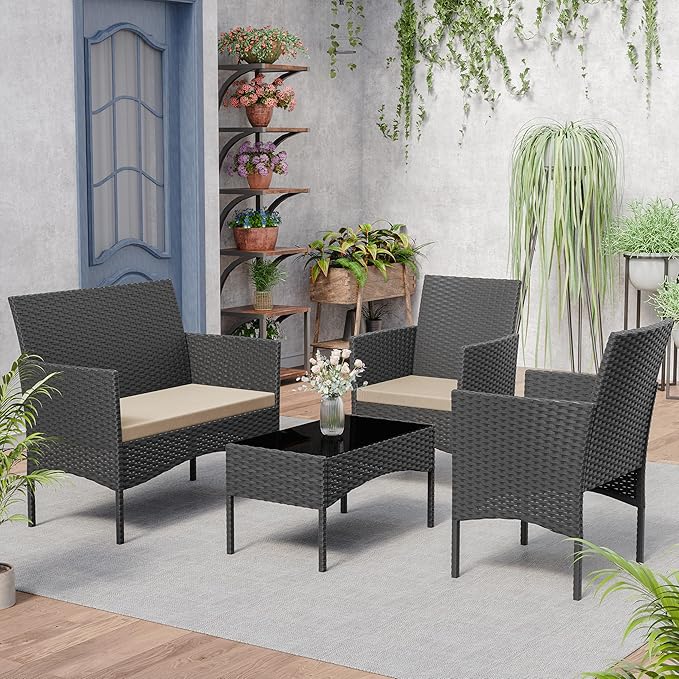 Kurapika Patio Furniture Set 4 Pieces Outdoor Wicker Rattan Chairs Conversation Sets w/Coffee Table, Rocking Bistro Set, for Patio Lawn Backyard (Sand)