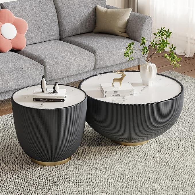 Round Coffee Table Set with Sintered Stone Tabletop, 27.56" Grey Drum Center Table and 19.69" Grey Coffee Table Set, 2 Pieces Living Room Table Set with Fluted PU Leather Cover& Metal Base
