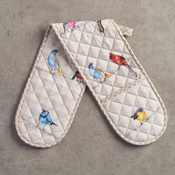 Maison d' Hermine Double Oven Mitts 100% Cotton 7"x35" Double Oven Mitt Heat Resistant BBQ Cooking Gloves with Loop, Baking, Grilling, Home, Kitchen, Handling Hot Pans Spring Summer (Birdies On Wire)