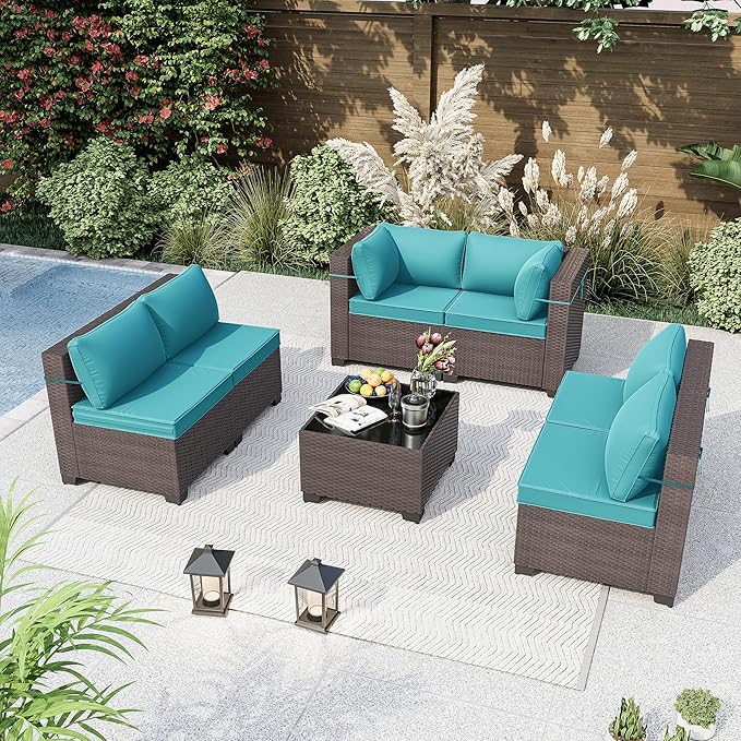 Kurapika 7 Pieces Patio Furniture Set, Rattan Wicker Outdoor Conversation Sets w/4 Inch Cushion and Glass Coffee Table(Blue)