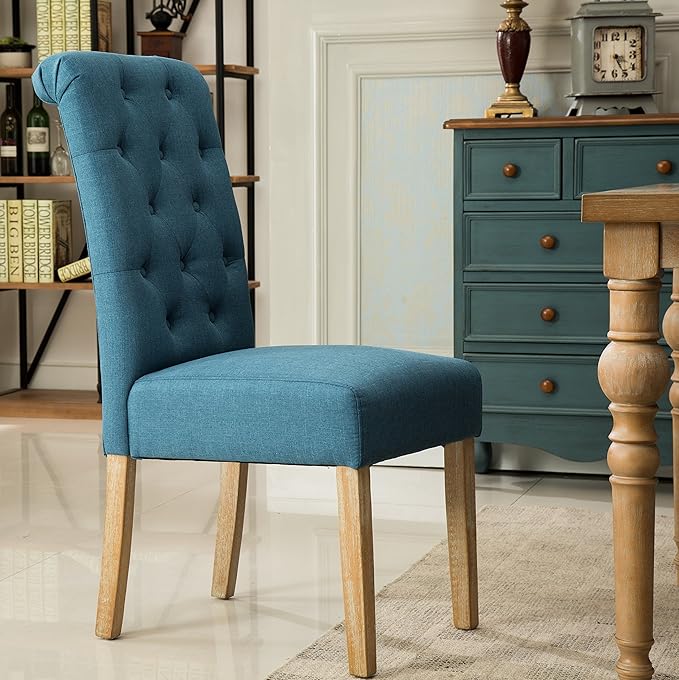 Roundhill Furniture Habit Solid Wood Tufted Parsons Dining Chair (Set of 2), Blue