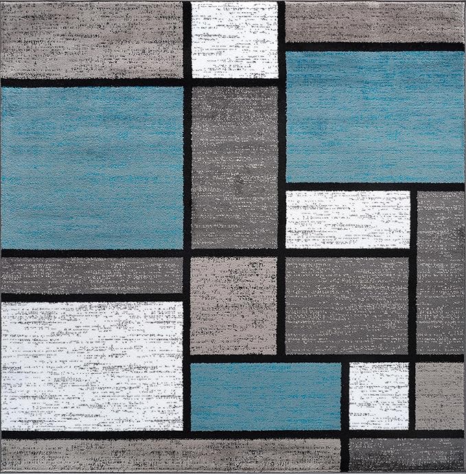 Rugshop Modern Geometric Boxes Blue Area Rug, Non-Shedding Square Carpet for Bedroom, Dining Room, or Home Office, 6'6" x 6'6"