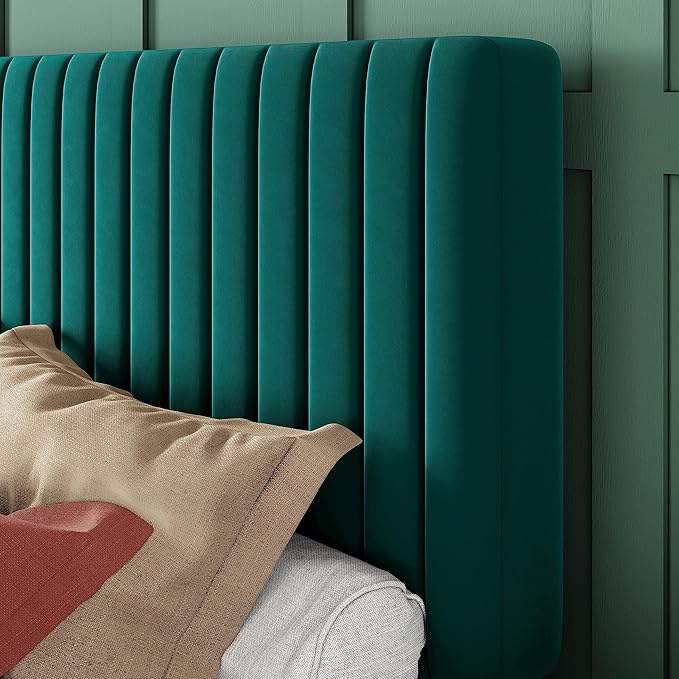 Allewie Queen Bed Frame, Velvet Upholstered Platform Bed with Adjustable Vertical Channel Tufted Headboard, Mattress Foundation with Strong Wooden Slats, Box Spring Optional, Easy Assembly, Teal