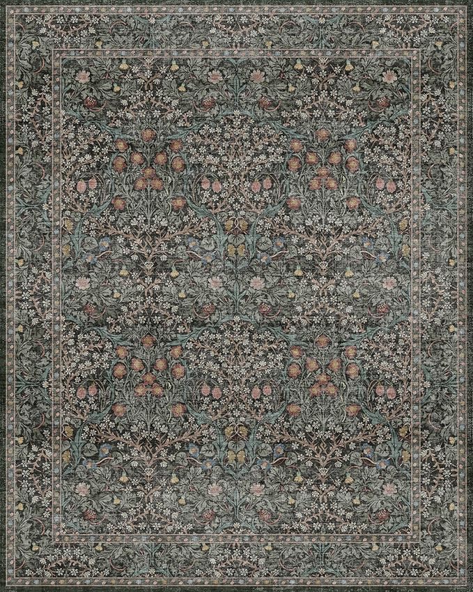 Washable Dark Green 10x12 Rug for Living Room - Extra Large Area Rugs for Dining Room Under Table, Bedroom, Soft Low Pile Non Slip Stain Resistant Carpet - Vintage Floral Design Non-Slip